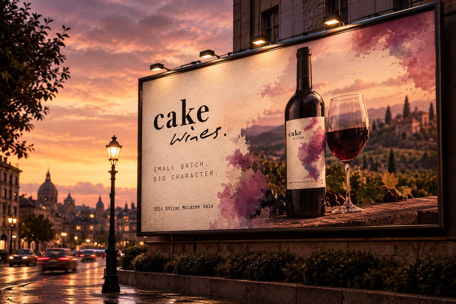Cake Wines billboard at dusk reading Small batch. Big character. with the bottle and a glass of red wine