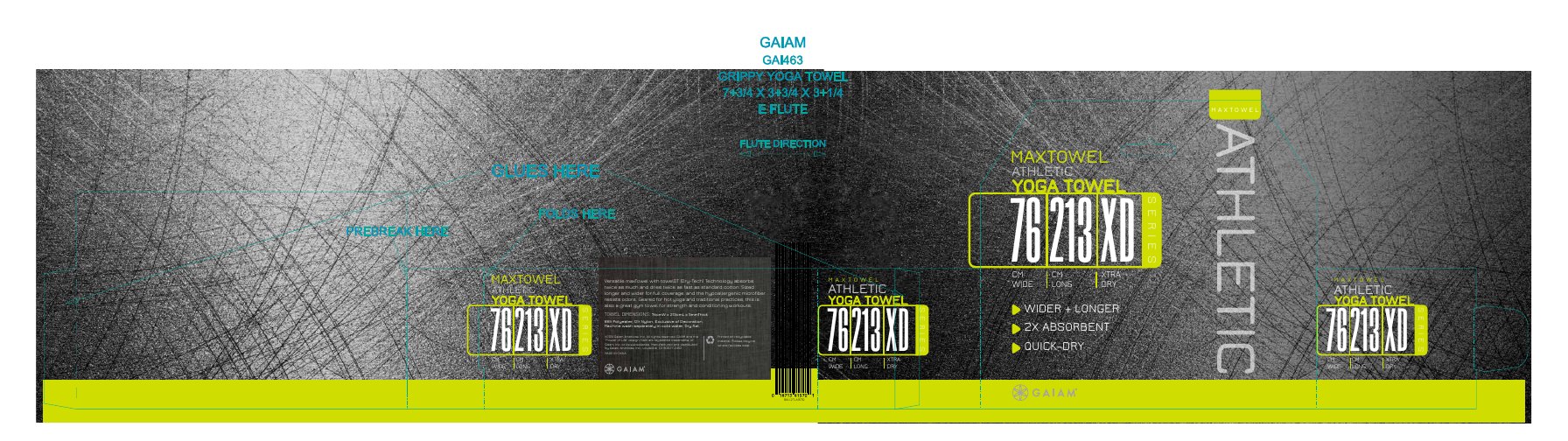 Flat print artwork and die-line for the Gaiam MaxTowel Athletic Yoga Towel box