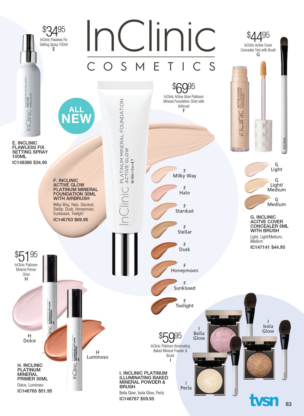 Catalogue page: InClinic Cosmetics foundation, concealer and shade swatches