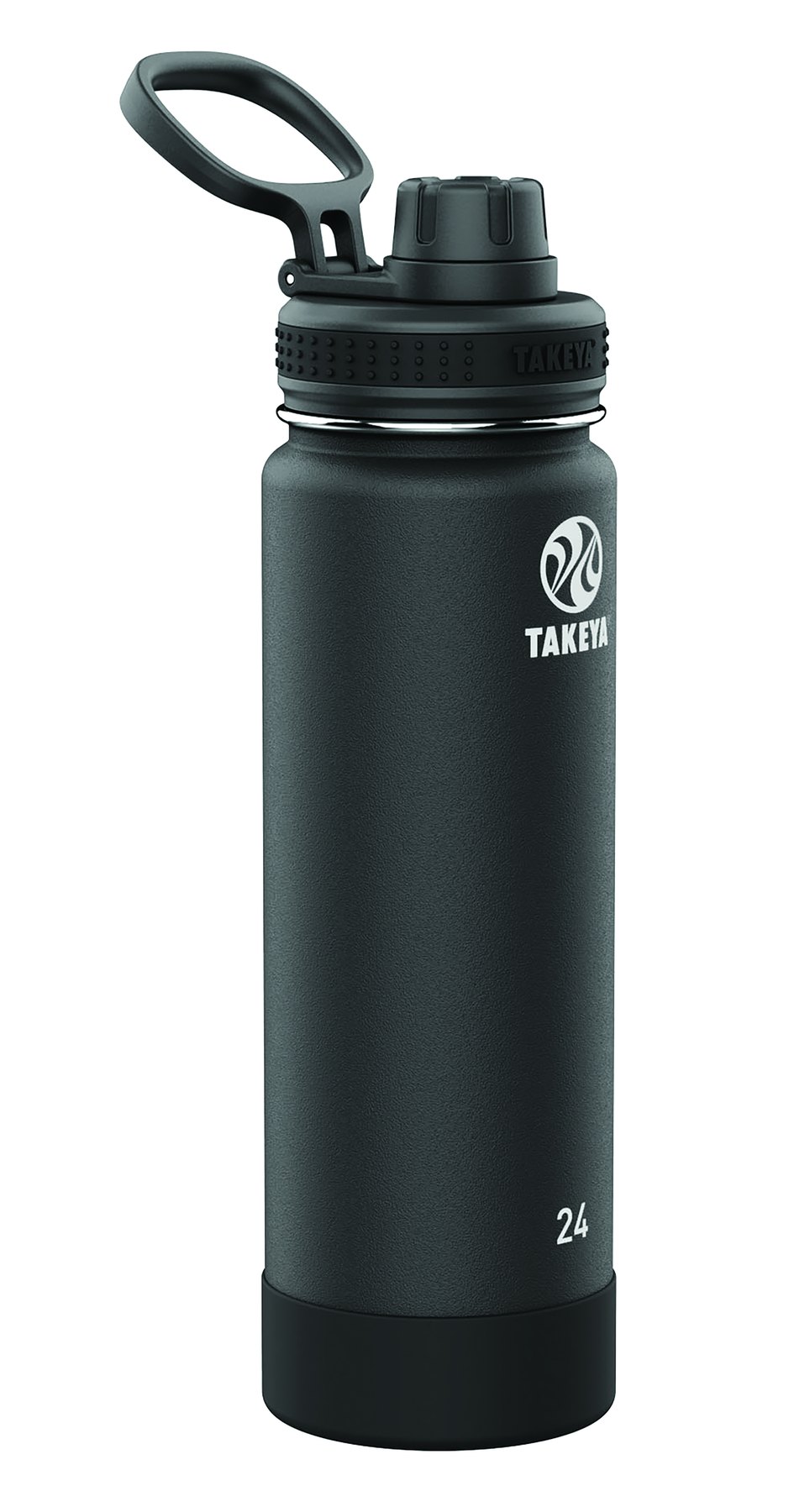 Black Takeya 24oz insulated bottle with a spout lid and silicone base