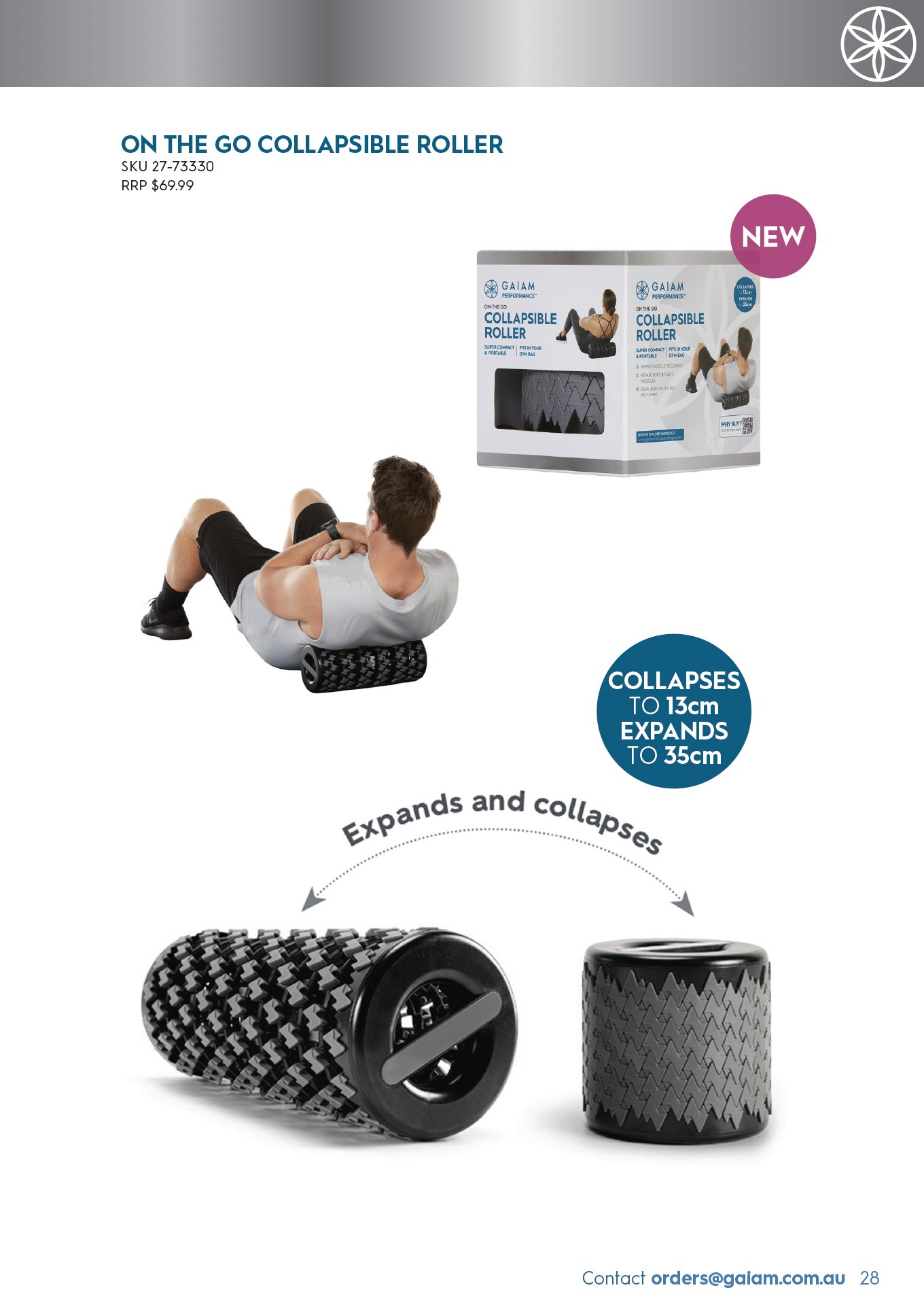 Catalogue page: Gaiam On The Go Collapsible Roller shown expanded and collapsed